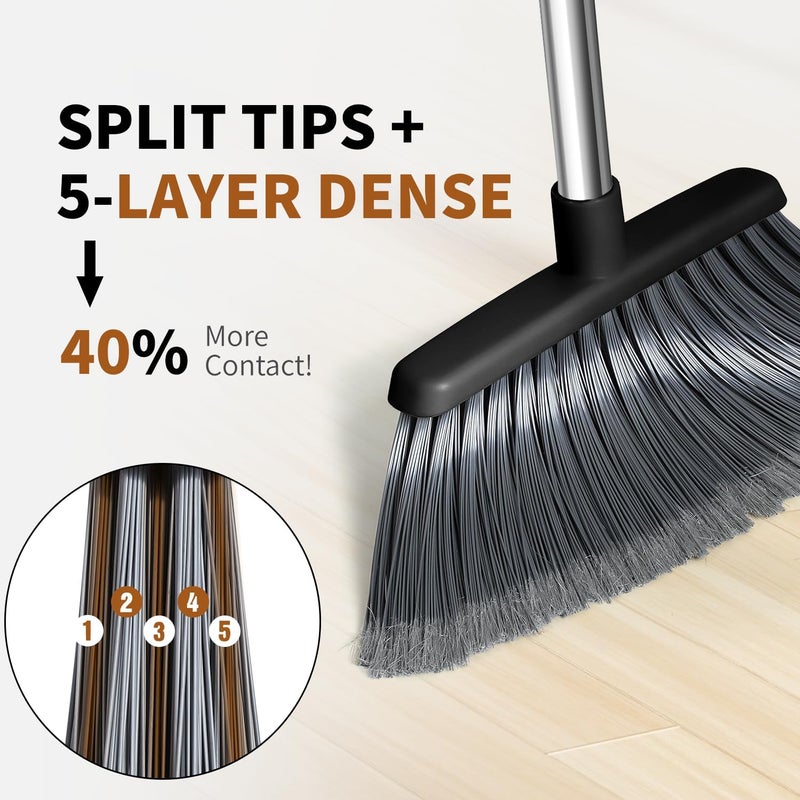 QCFOLY Broom, Outdoor Brooms for Sweeping Indoor, Adjustable 55" Pet Hair Removal Heavy Duty Broom for Floors Home Kitchen Garage Commercial Patio Industrial Snow (Black) - Image 2